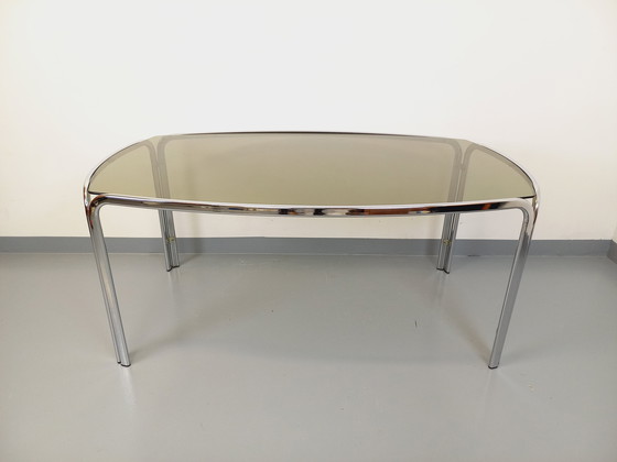 Image 1 of Incurved Rectangular Dining Table in Smoked Glass and Chrome Metal 70's Space Age Style