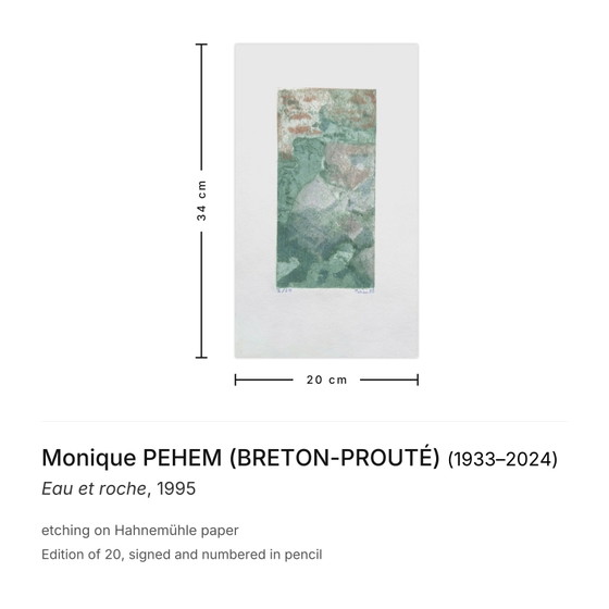 Monique PEHEM (BRETON-PROUTÉ) Gesigneerde ets Eau et Roche 1995 – Litho's & Zeefdrukken, Paper (photo 3 of 5)