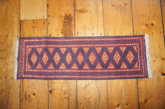 Image 1 of pakistani bokhara runner rug * vintage wool hallway carpet * red blue tribal narrow runner 