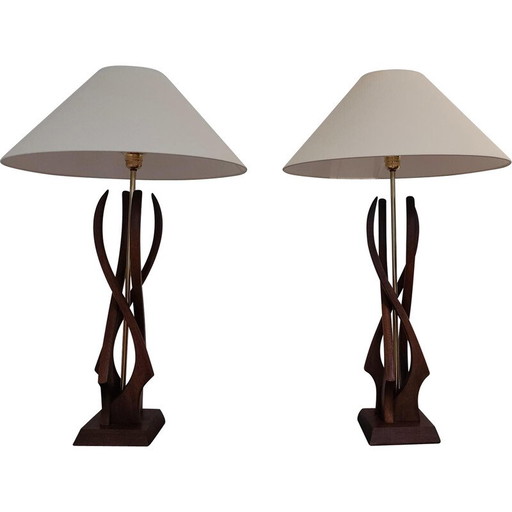 Pair of vintage lamps in walnut wood and brass, United States 1960