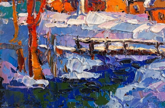Image 1 of Original Oil Painting Winter Village Landscape Frosty breath of dawn