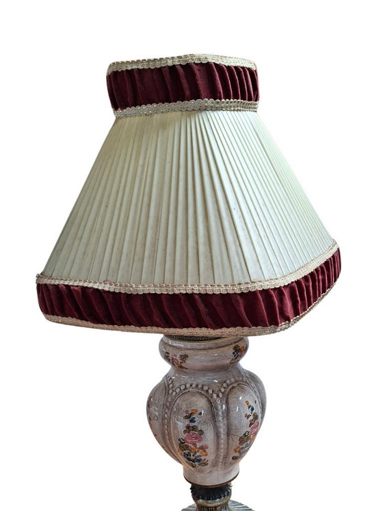 Image 1 of Vintage Hand-Painted Ceramic and Bordeaux Velvet Table Lamp