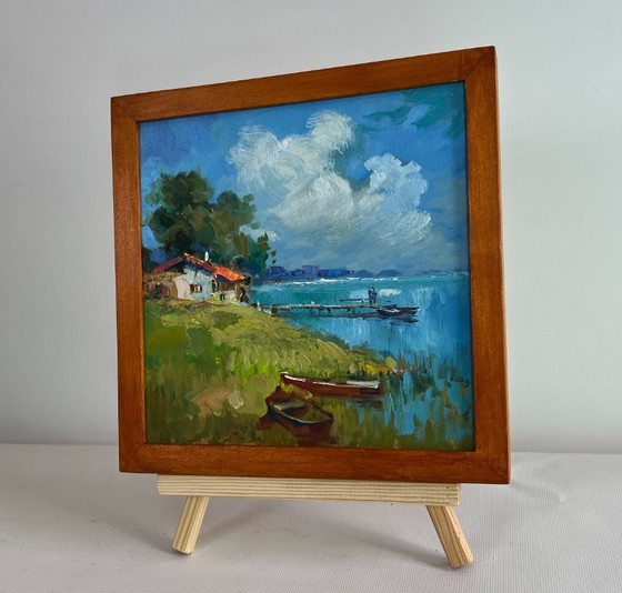 Image 1 of Original Oil Painting Coastal House Landscape House near the river