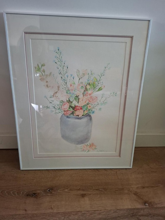 Original Signed Watercolor – Flower Still Life – L. V. Bakel – Framed Behind Glass – Paintings & Drawings (photo 2 of 6)