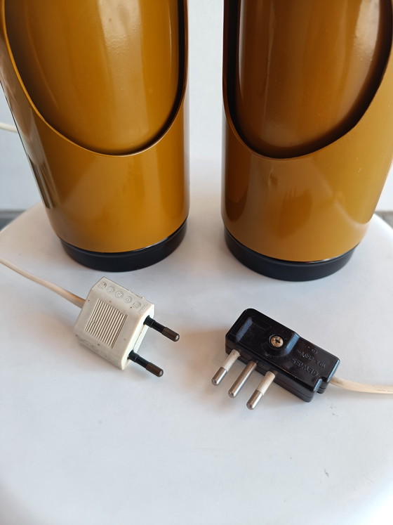 Image 1 of Pair of Vintage Italian Table Lamps, Mustard Yellow Selene Style ABM, Space Age Design, 1970s