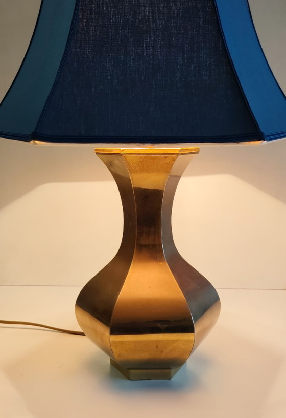 Lampada da tavolo di design anni '70 in ottone dorato e tessuto blu, Lampade da tavolo (foto 7 di 8)