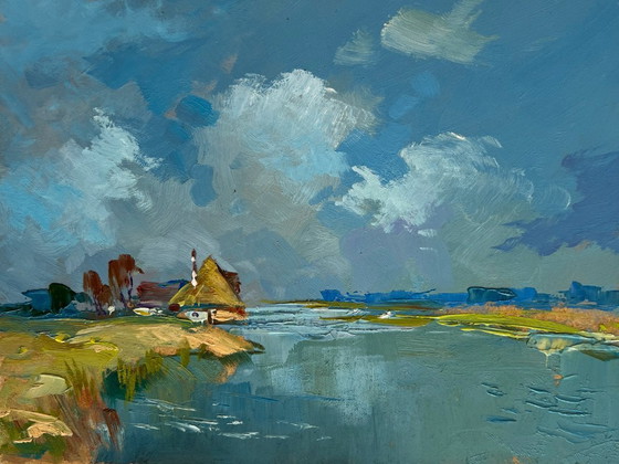 Image 1 of Original Oil Painting Summer River Landscape Summer flood of the river