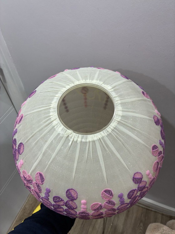 Høyrup Plast Danish pendant lamp, embroidered floral shade, 1960s, Textile, Plastic, Pink (photo 7 of 7)
