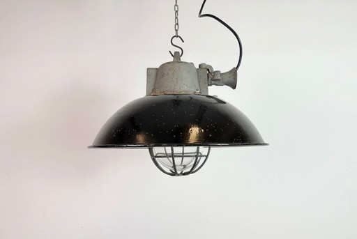 Black Enamel and Cast Iron Industrial Cage Pendant Light, 1960s