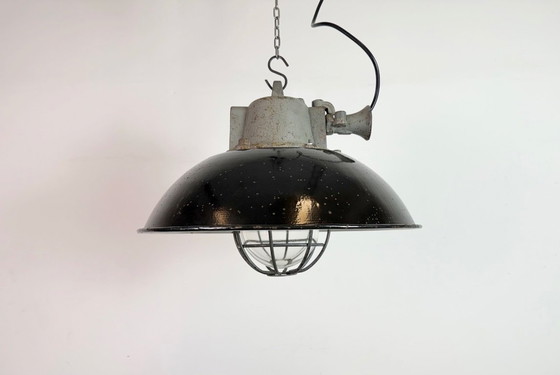 Image 1 of Black Enamel and Cast Iron Industrial Cage Pendant Light, 1960s