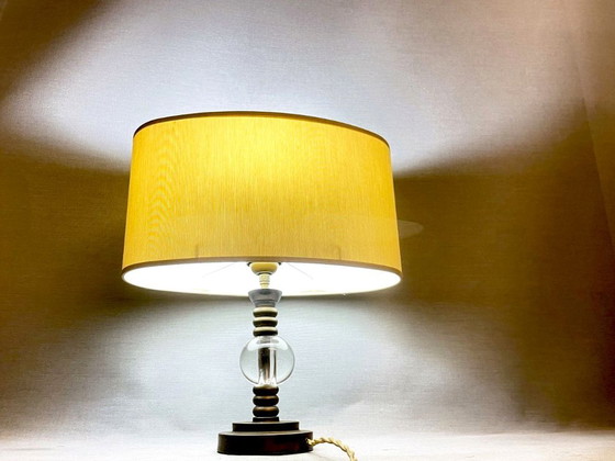Vintage Hollywood Regency Inspired Brass Table Lamp With Silk Rum Lampshade – Textile (photo 4 of 12)
