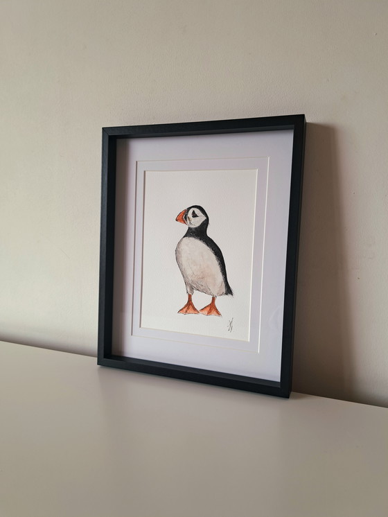 Image 1 of Watercolor painting puffin, original in frame