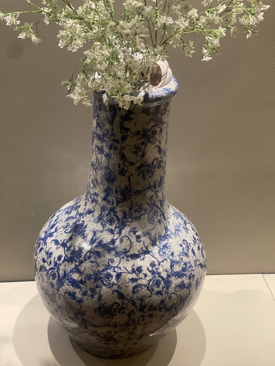 Image 1 of Mega XL large earthenware ceramic vase blue white glaze heavy