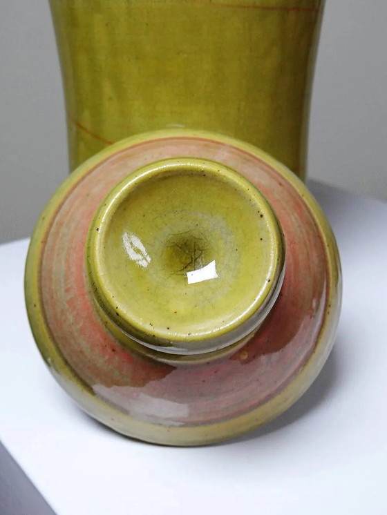 Scatola per spezie decorativa in gres smaltato bicolore vintage, fatta a mano e firmata., Stoviglie, Giallo (foto 9 di 15)