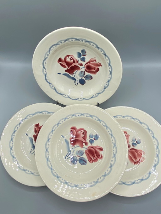 4 Deep Plates Digoin & Sarreguemines – Cannes Model – Rose Pattern – 22 cm – decoratieve objecten