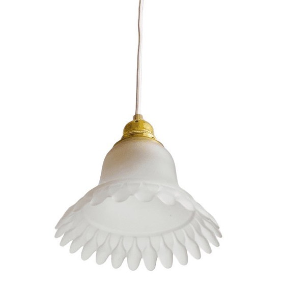 Image 1 of Lampada a sospensione vintage in vetro satinato a forma di fiore bianco trasparente, anni '60