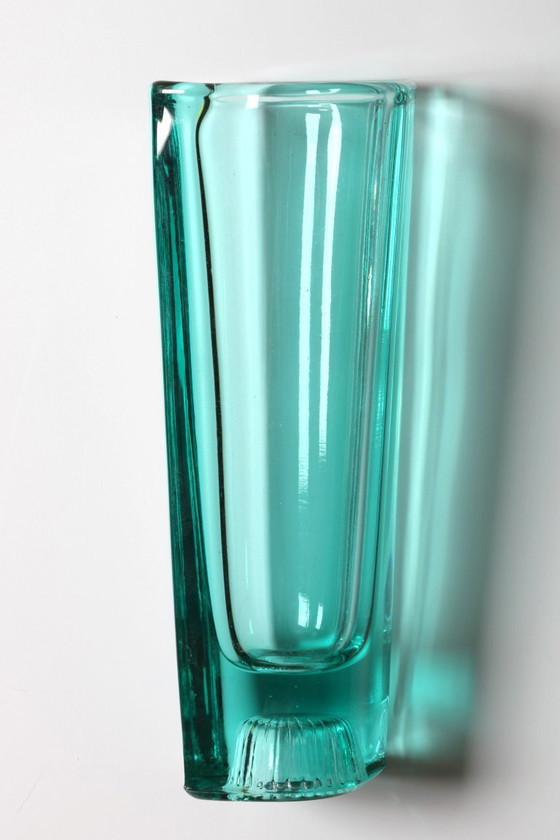 Image 1 of Stylish Turquoise Mid-century Pressed Glass Vintage Vase by Miloš Filip / Rosice / Czech Republic / 1963