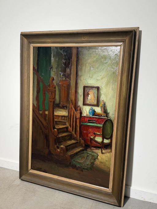 Richard Leutenez - Oil on Canvas - Interior with Staircase – schilderijen tekeningen