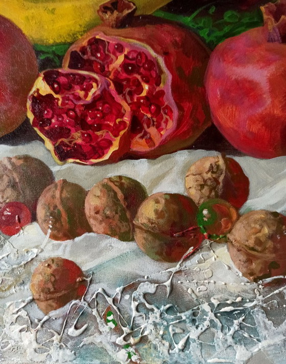 Original Oil Painting Abstract Fruits Banana Pomegranate Still Life – Paintings & Drawings, Canvas (photo 9 of 11)