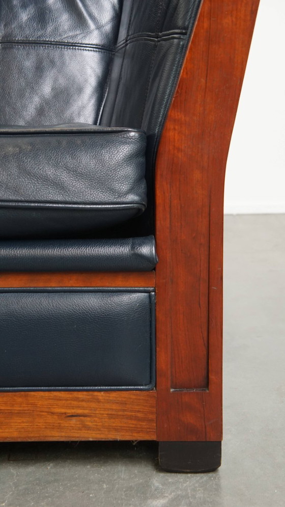 Image 1 of 2.5-zits Art Deco design bank van Schuitema met houtwerk en donkerblauw rundleer