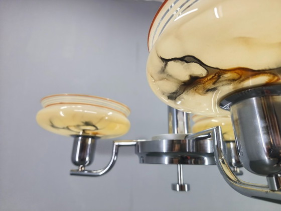 Image 1 of Art Deco Chandelier by Napako, Chrome & Marble Glass, 1930s