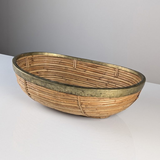 Italian Mid-Century Rattan and Brass Oval Centerpiece Bowl, 1970s – schalen