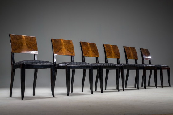 Image 1 of Art Deco French Walnut & Burl Dining Set, 1930s, Set of 7