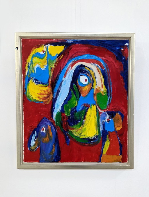 Abstract expressionistisch olieverfschilderij op doek van Finn Pedersen, jaren 1990