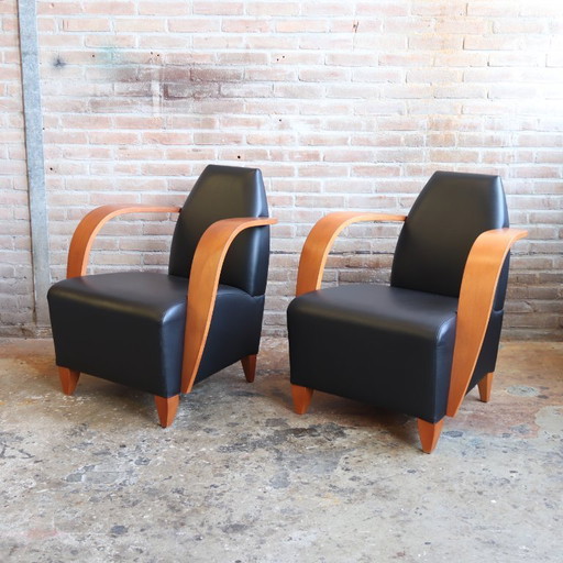 Vintage fauteuil leer hout spaans jaren 80