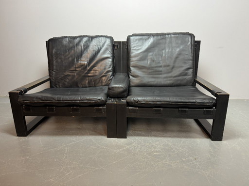 Beautiful Mid-Century Set of 2 Black Leather Brutalist Lounge Chairs, Designed by Sonja Wasseur (Amsterdam). 1970s.