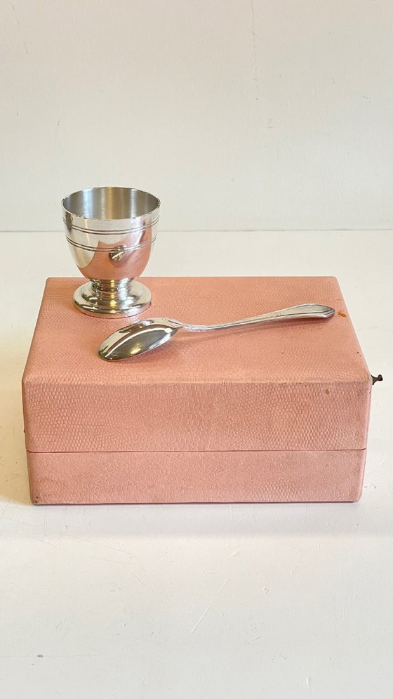 Image 1 of Vintage Silver-Plated Metal Egg Cup and Spoon for Birth