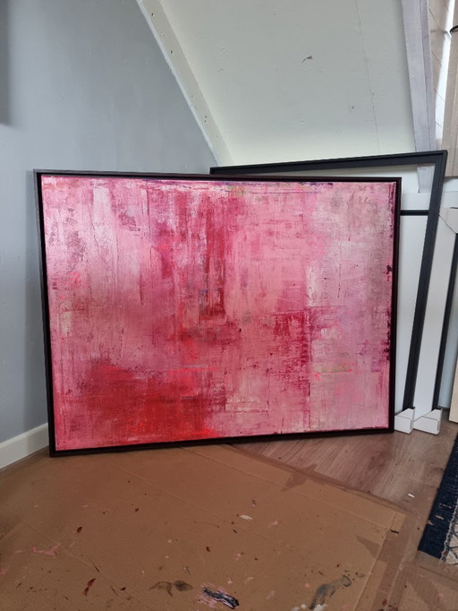 Frances Eckhardt - peinture abstraite moderne rose rouge 90x120 cm encadrée