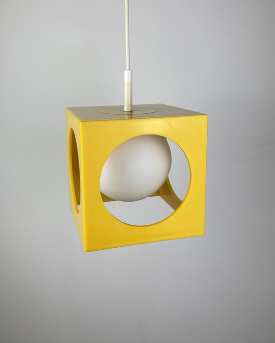 Image 1 of Space Age Ceiling Lamp, Richard Essig, Yellow Minimalistic Cube Design, 1970s, Retro-Futuristic Lamp, Germany, Sputnik Design