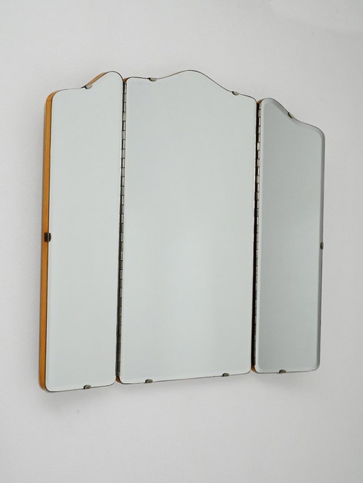 Scandinavische vintage drievoudige eikenhouten spiegel met inklapbare zijpanelen