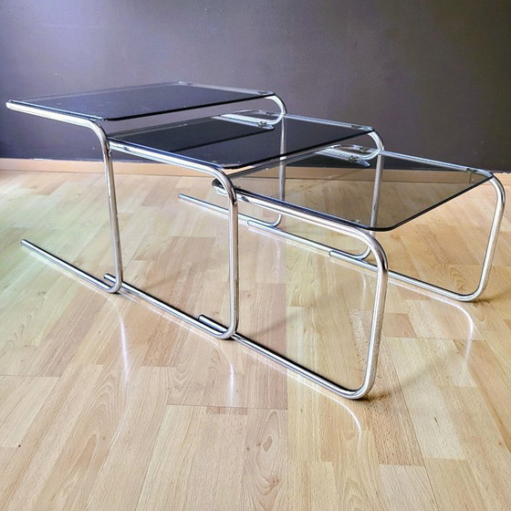 Image 1 of 70s' Chrome & glass nesting tables