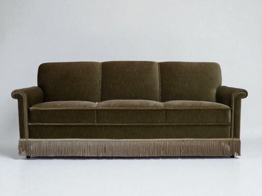 1970s, Danish 3-seater sofa, green furniture velour, teak wood legs.