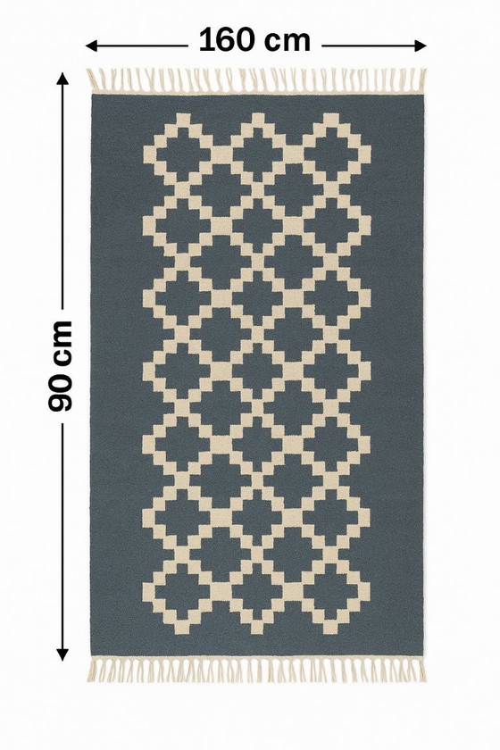 Image 1 of Senon Kelim loper 90 × 160 cm - Handgemaakt in Egypte - Grijze ruit, platbinding