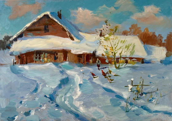 Image 1 of Original Oil Painting Winter Houses Landscape Winter comfort