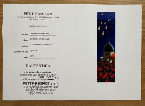 Mimmo Sciarrano zeefdruk, 25x70cm, Zonnebloemen in Positano, ingelijst – Litho's & Zeefdrukken, Paper, Wood (photo 7 of 7)
