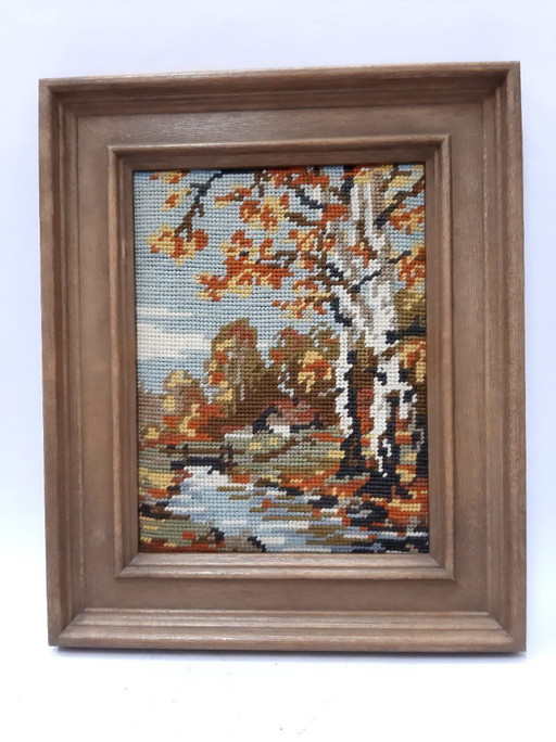 Vintage German handmade tapestry, Gobelin, framed picture autumn landscape