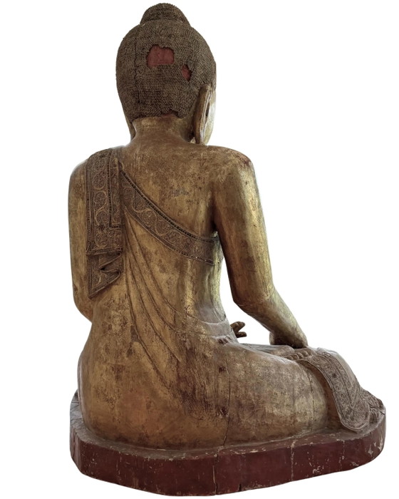 Large Antique Wooden Buddha 120 cm - Mandalay with Inlaid Eyes – Sculpture (photo 8 of 11)