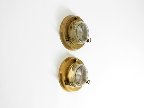 Image 1 of A pair of large, heavy 1950s original maritime ship wall lamps made of brass and glass