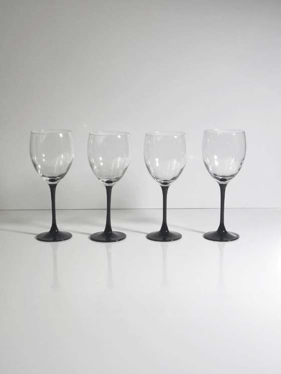 Image 1 of 4x Vintage Luminarc Wine Glasses 80s Black Goblet Chalice Art Deco Revival