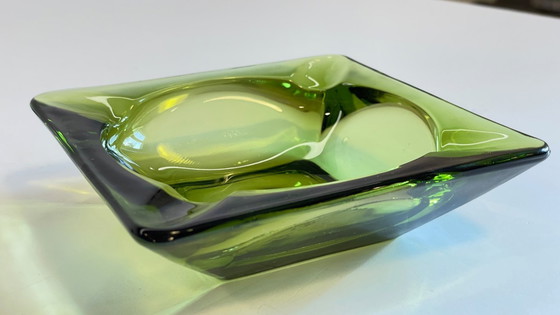 Image 1 of Geometric Glass Ashtray Vintage Green