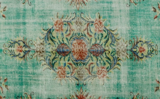 Grande tappeto turco vintage Oushak 295 × 182 cm – Tappeto in lana con motivo floreale turchese (photo 2 of 10)