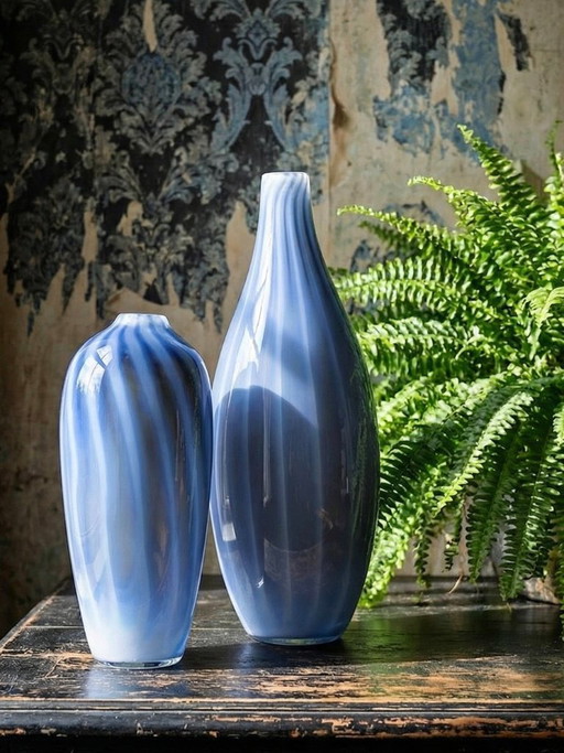 Pair of vintage Murano glass vases in smoked glass lined with opaline glass, soap bubble design