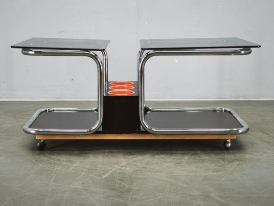 Rare 1970s Space Age Chrome, Smoked Glass and Wood Bar Cart – Metal (photo 13 of 14)