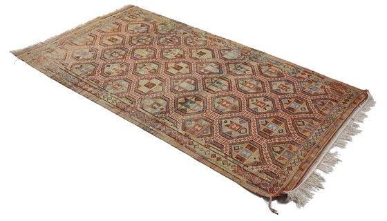 Tappeto turco vintage Usak Kilim 300x160 cm – Tessuto a mano in lana con motivo geometrico, tessitura piatta (photo 5 of 10)