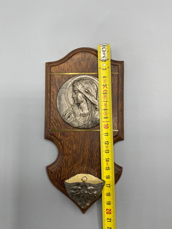Wall-mounted Holy Water Font with Praying Virgin Mary - Ruffony Signed Medallion – Decorative Objects, Wood (photo 6 of 6)