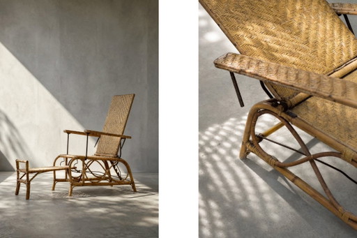 Sillón alemán antiguo de ratán con reposapiés extensible, de la década de 1930.